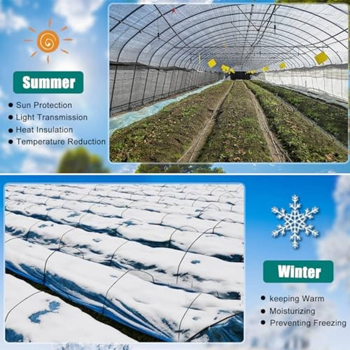 Black mesh shade cloth spread over greenhouse rows for sun protection