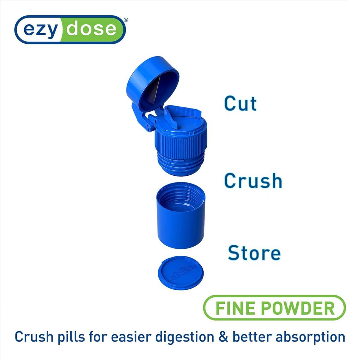 Blue pill crusher with open cutter top and separate crush and store parts