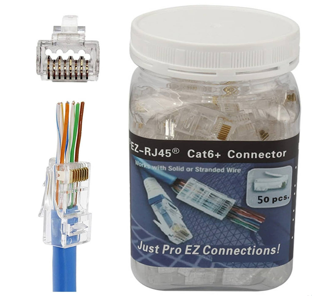 RJ45 Cat6 pass-through connector with clear housing and gold contact pins