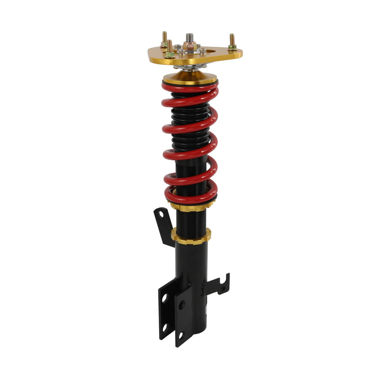 Adjustable coilover strut with red spring, black body, gold top mount