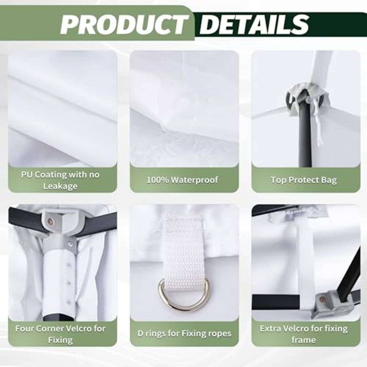 White canopy top fabric detail with top protector bag and fastening features