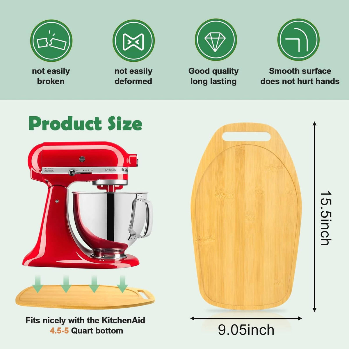 Natural bamboo mixer board for stand mixer, oval top with carry handle and flat base