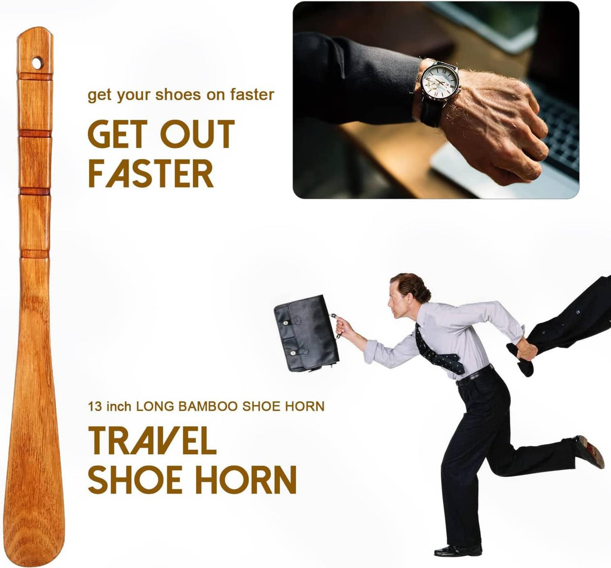 Wooden travel shoe horn with long handle and rope loop