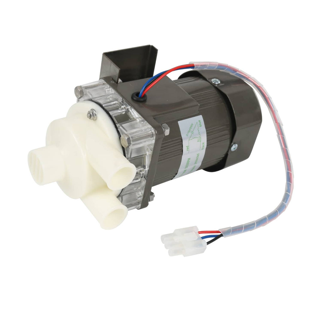 Ice machine water pump motor assembly with white plastic inlet and wiring harness