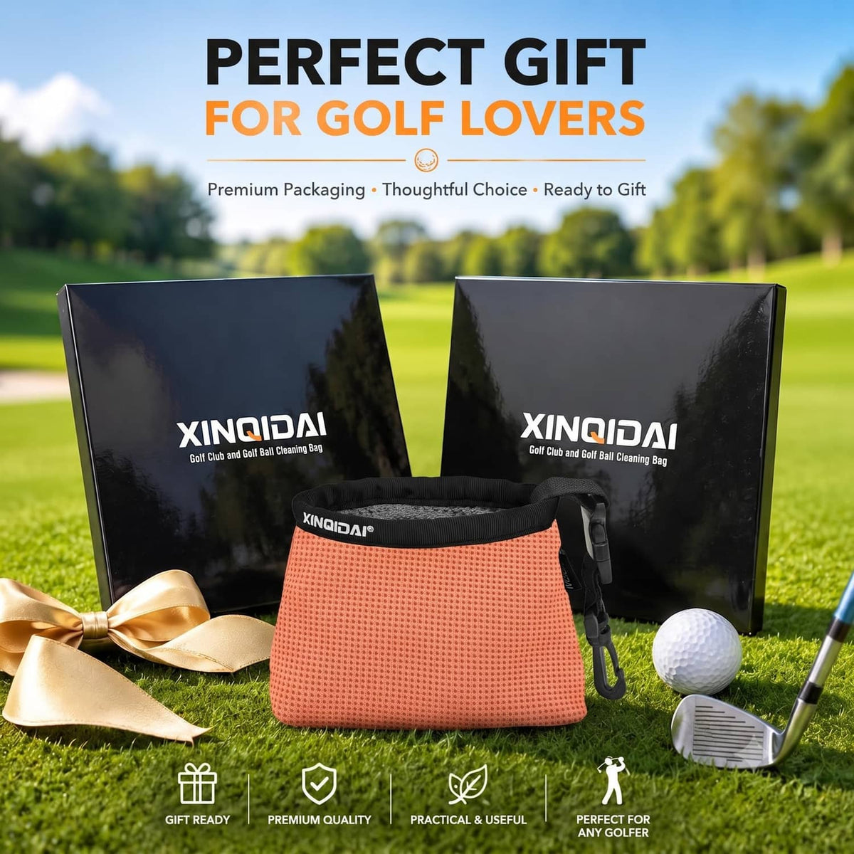 Pink golf club cleaner bag with ball washer and golf ball, gift-ready accessories
