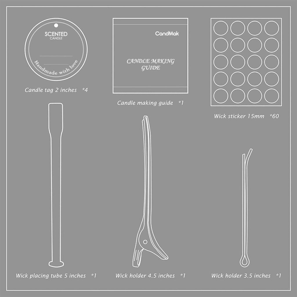Candle wick kit parts diagram: wick stickers, wick placement tube, wick holders, guide sheets