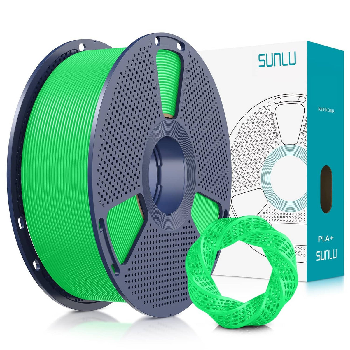 PLA Plus filament spool, 1.75mm green, 1kg roll with loose filament strand