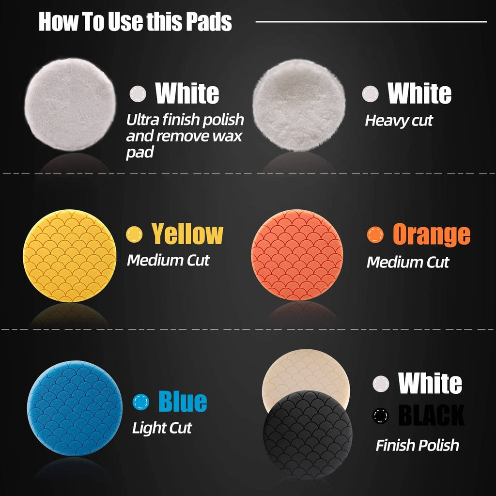 Circular polishing pad set in white, yellow, blue, orange and black