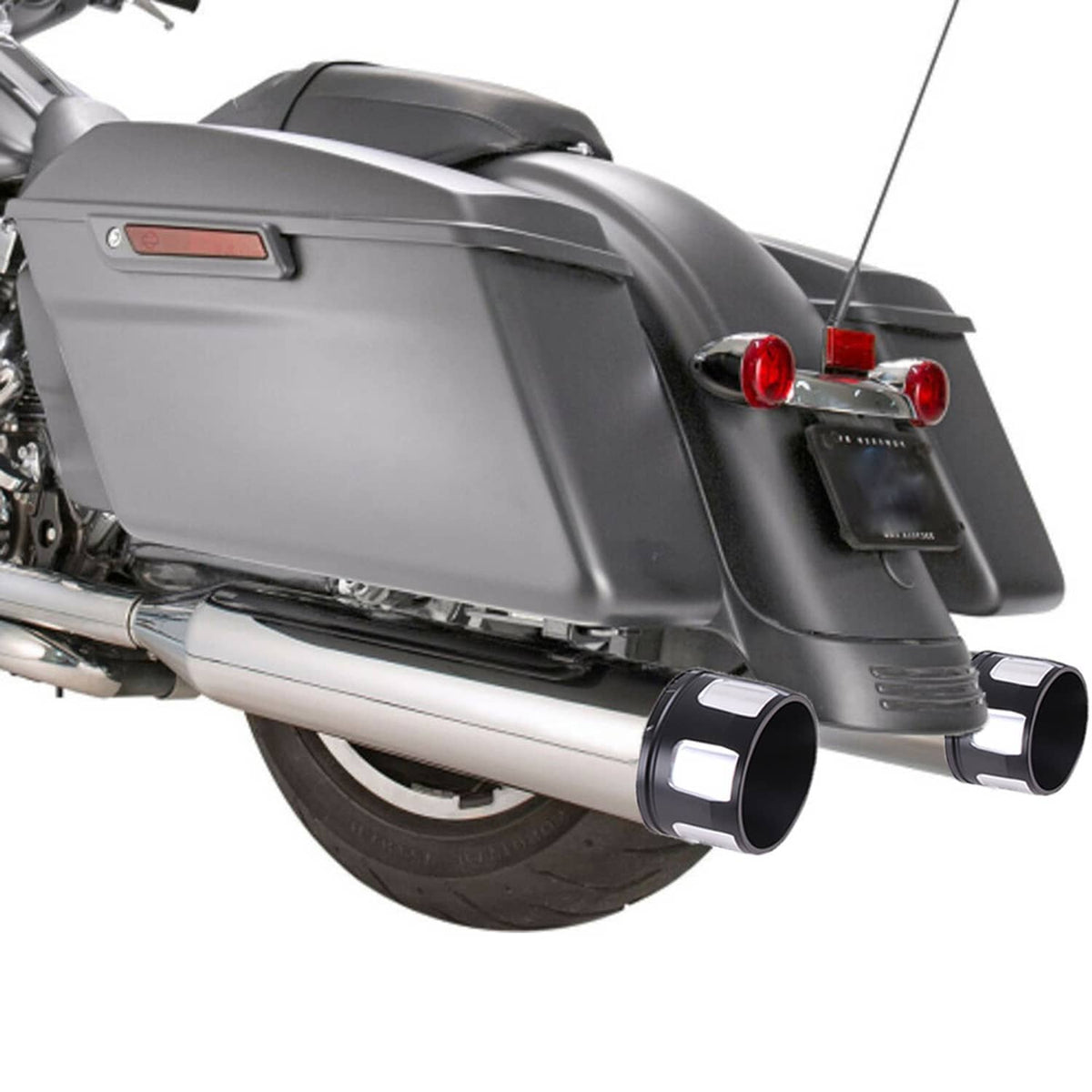 Chrome megaphone slip-on muffler on motorcycle with black end ring and mounting hardware