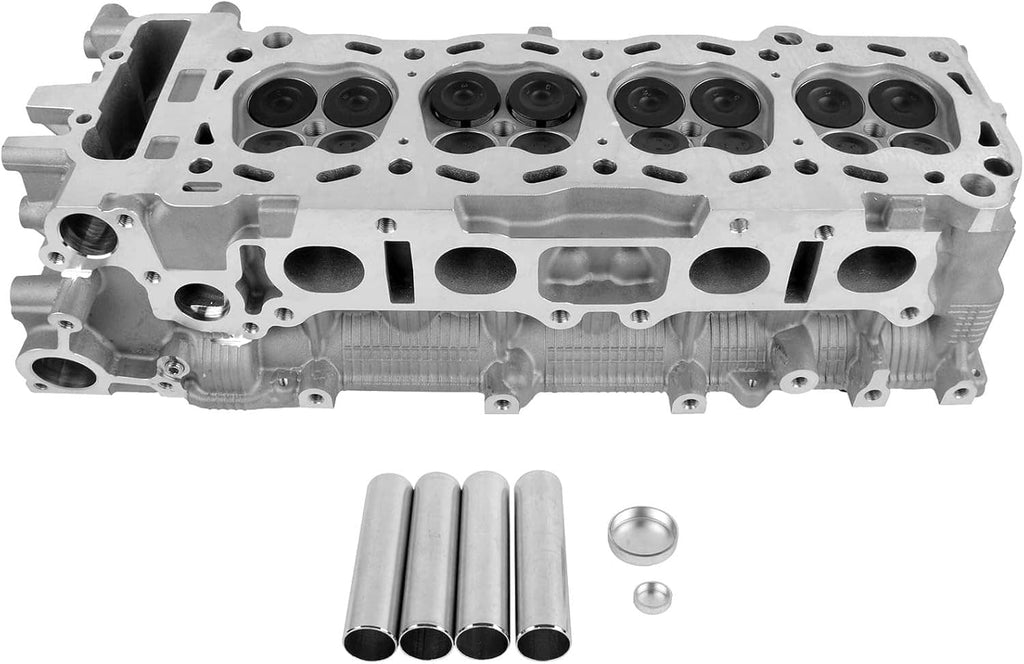 Cylinder head top view with valve spring bores and bolt holes, silver metal