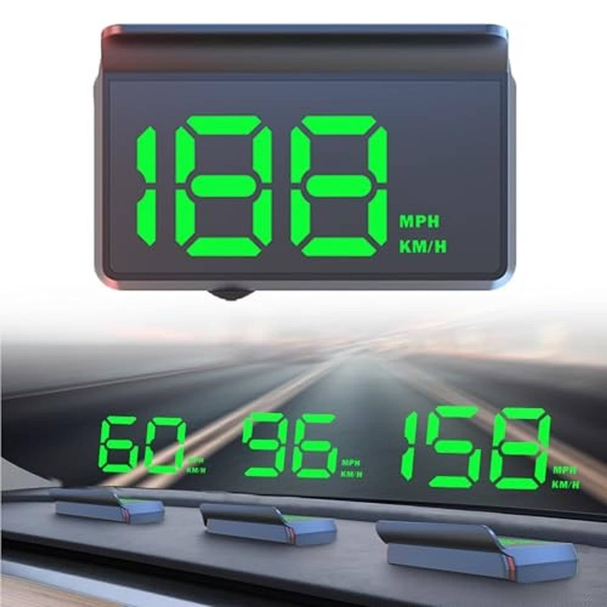 Vehicle HUD unit with bright green “88” speed digits on a dark display panel