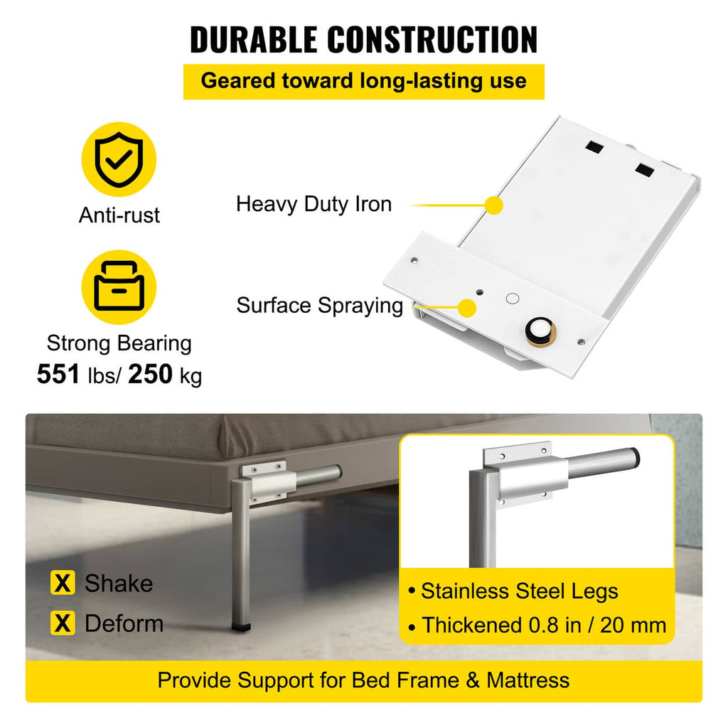 Murphy bed spring mechanism kit hardware in white with steel legs and bearing rollers