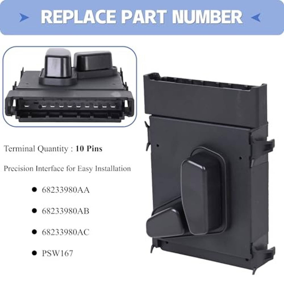 Black replacement power seat switch with dual rocker controls and pin connector
