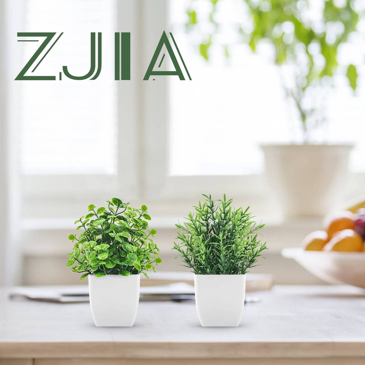 ZJIA 2-pack artificial plants: two small green plants in white pots.
