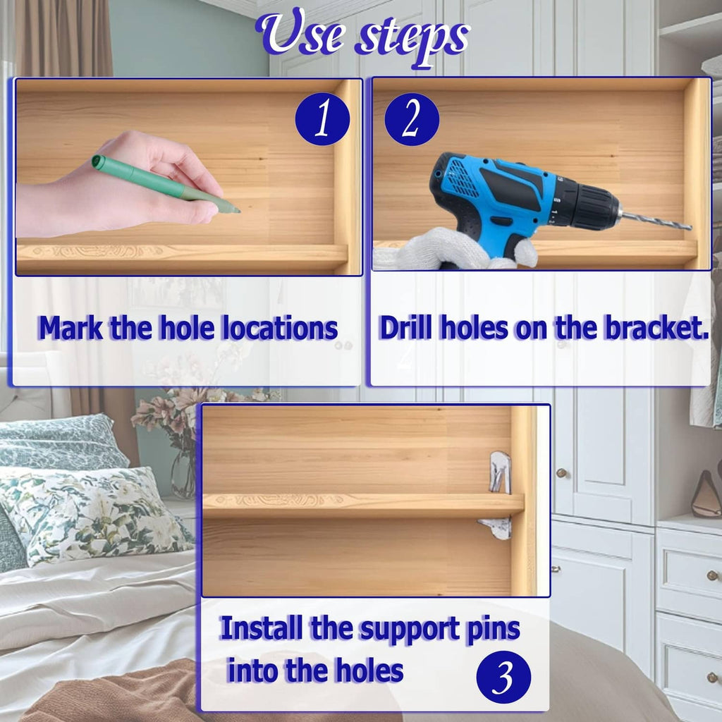 Clear plastic locking shelf support peg shown during installation on a wooden shelf