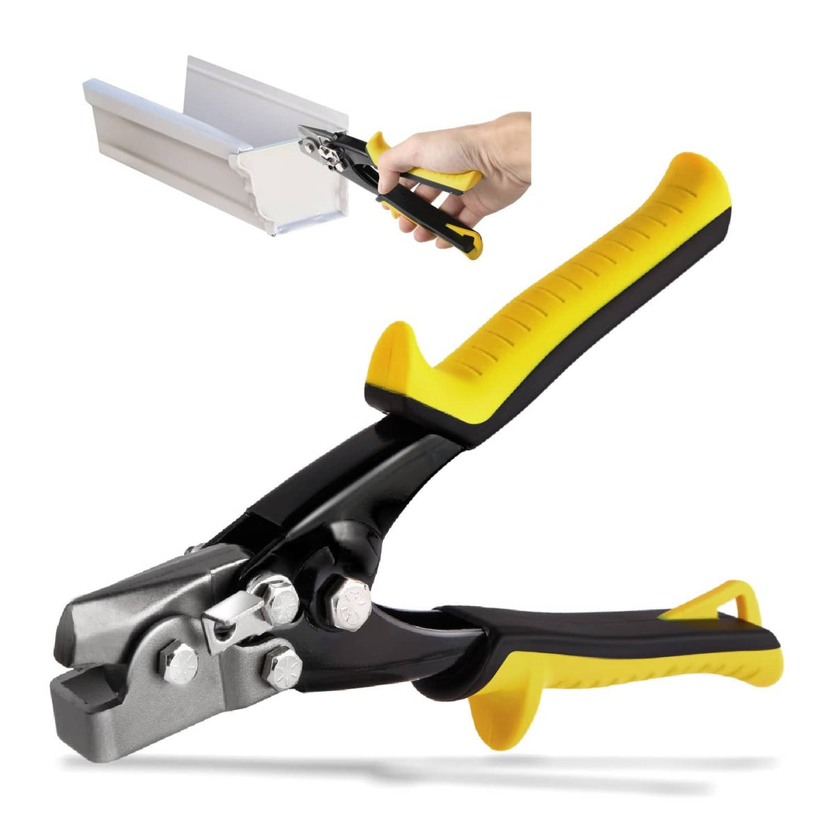 Yellow-and-black snap lock punch tool with handles and metal head for sheet edges