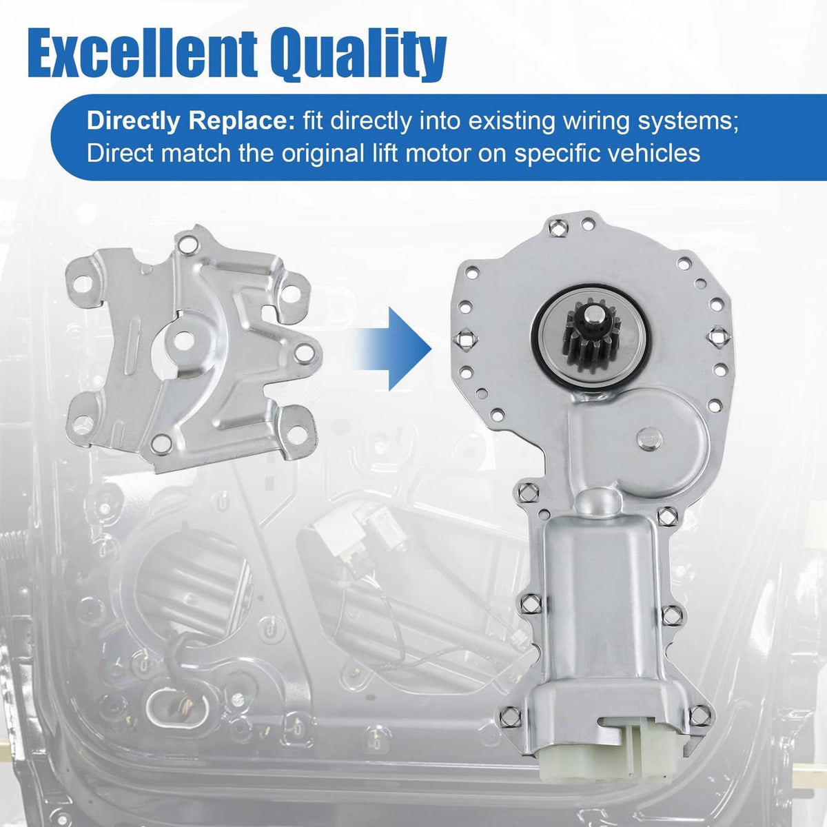 Door power window lift motor with black gear and mounting plate, side view with connector