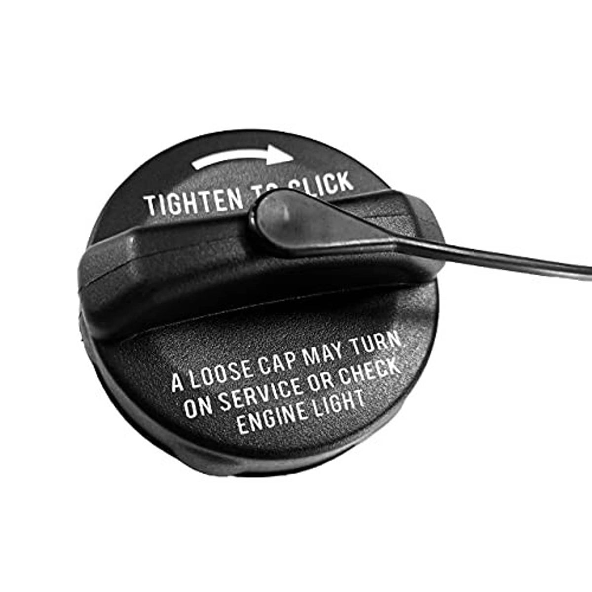 Black fuel cap with tighten-to-click marking and long tether wire