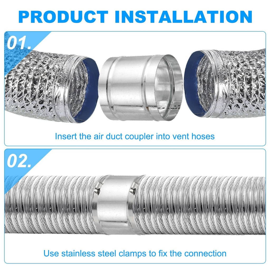 Silver HVAC duct connector coupling flexible vent hoses with clamps