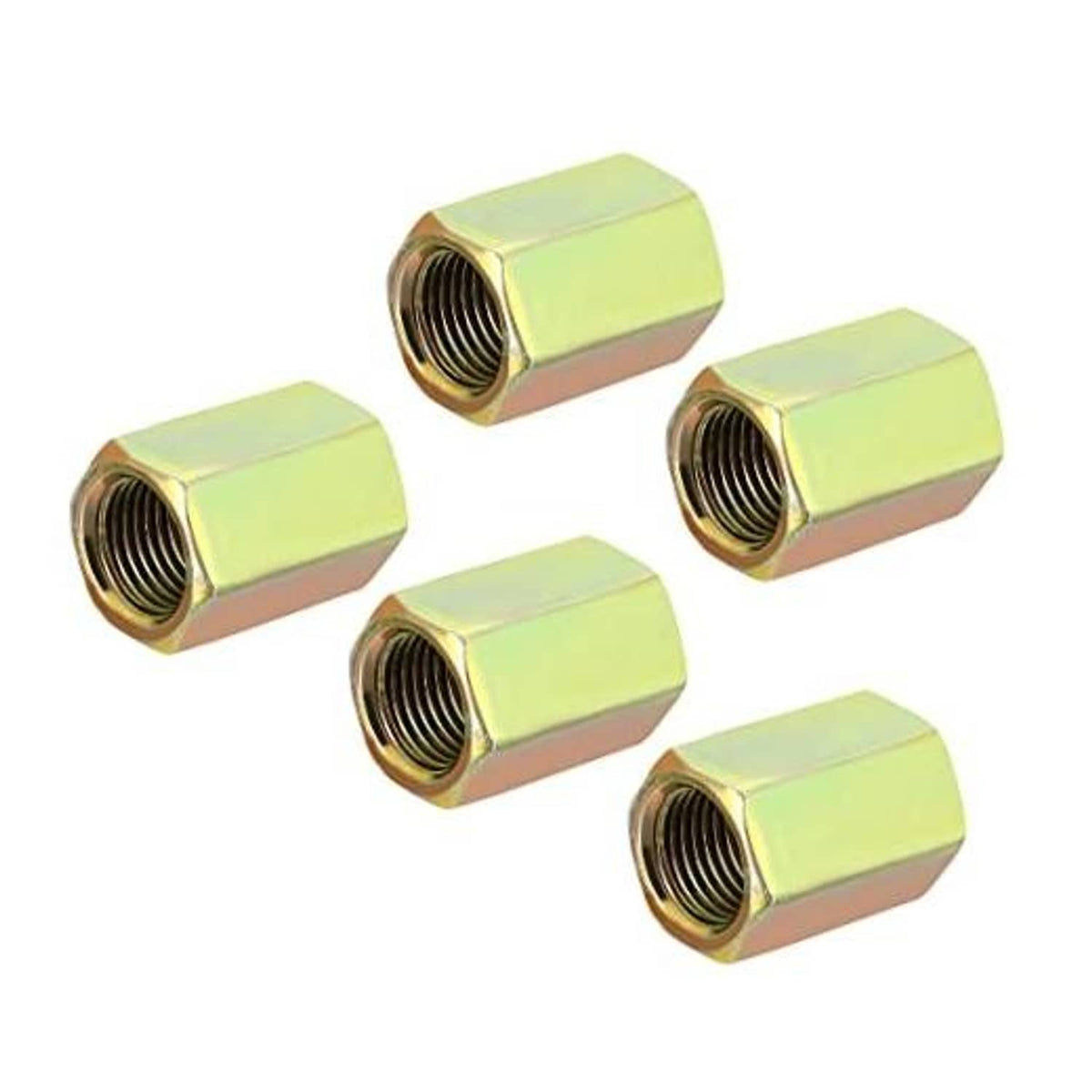 Set of M10 fine-thread hex coupling nuts, gold zinc-plated, with internal threads