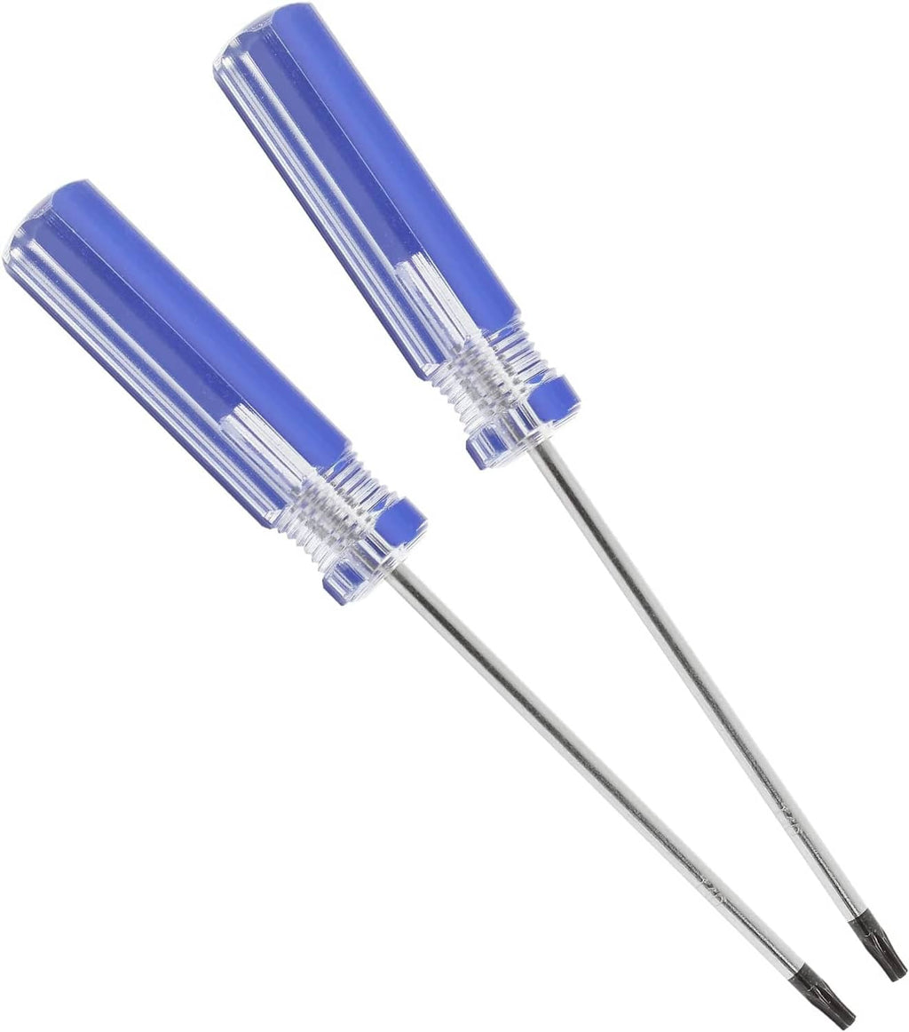 Two T10 magnetic security Torx screwdrivers with blue handles and steel shafts