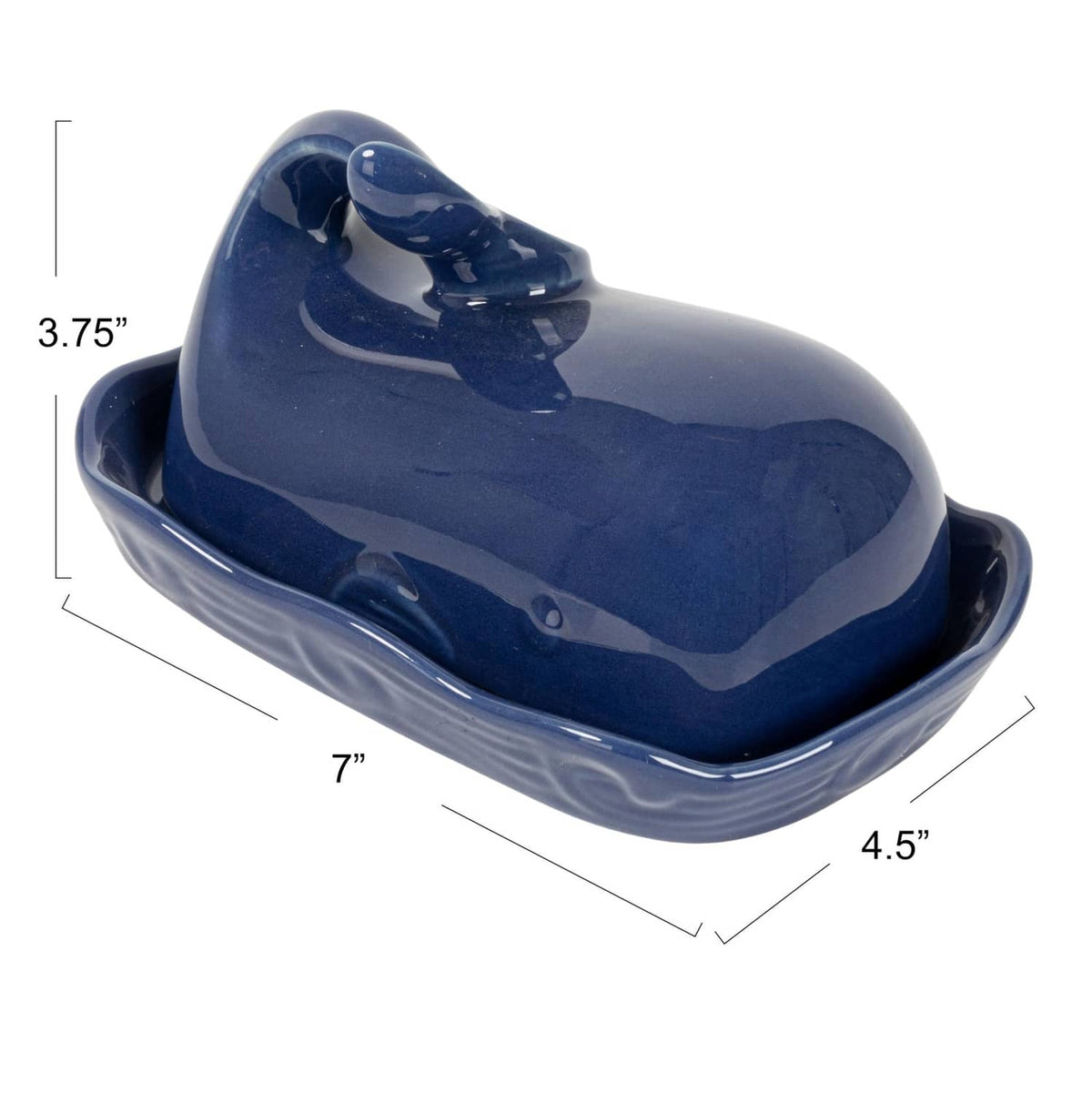 Dark blue whale-shaped butter dish with lid, angled view