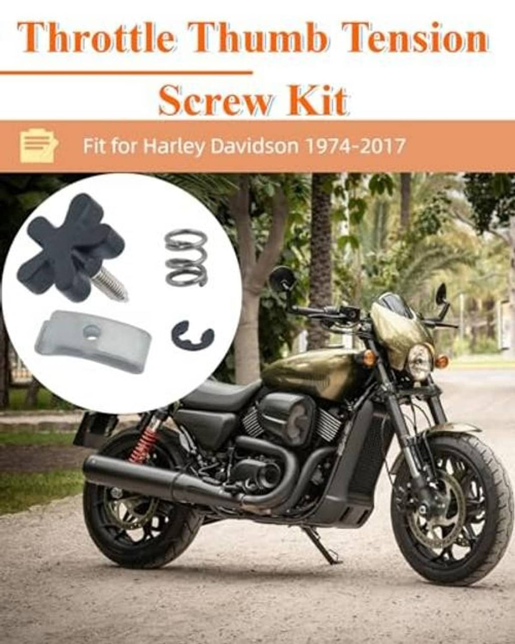 Throttle tension screw kit contents: thumb screw, coiled spring, gray bracket, circlip