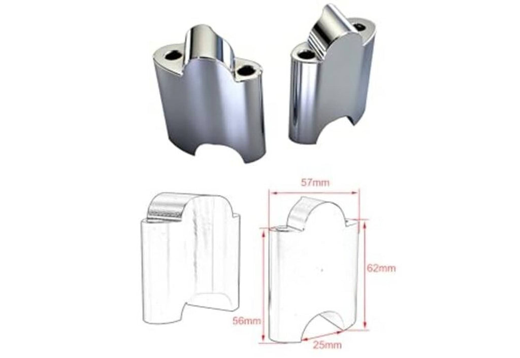 Chrome CNC aluminum riser clamp brackets with bolt holes and size dimensions diagram.