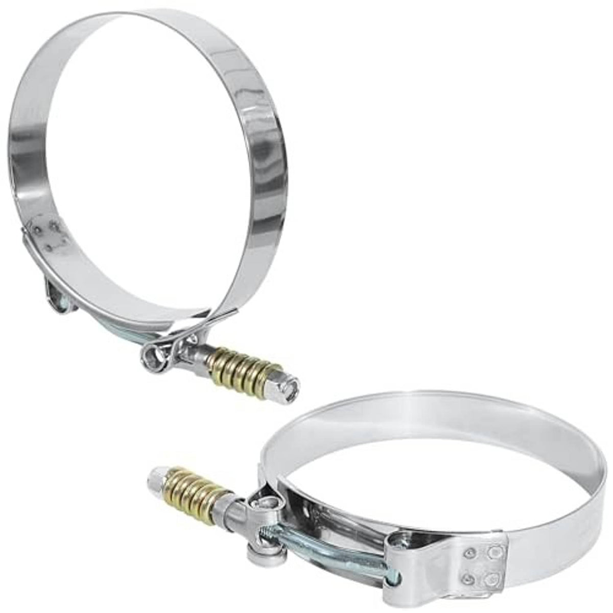 Stainless T-bolt hose clamps with spring screws and metal band, two-pack