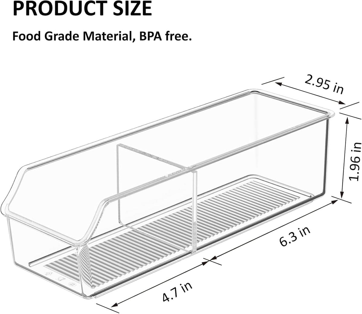 Clear tea bag storage bin with divider and ridged base tray; shown with approximate size