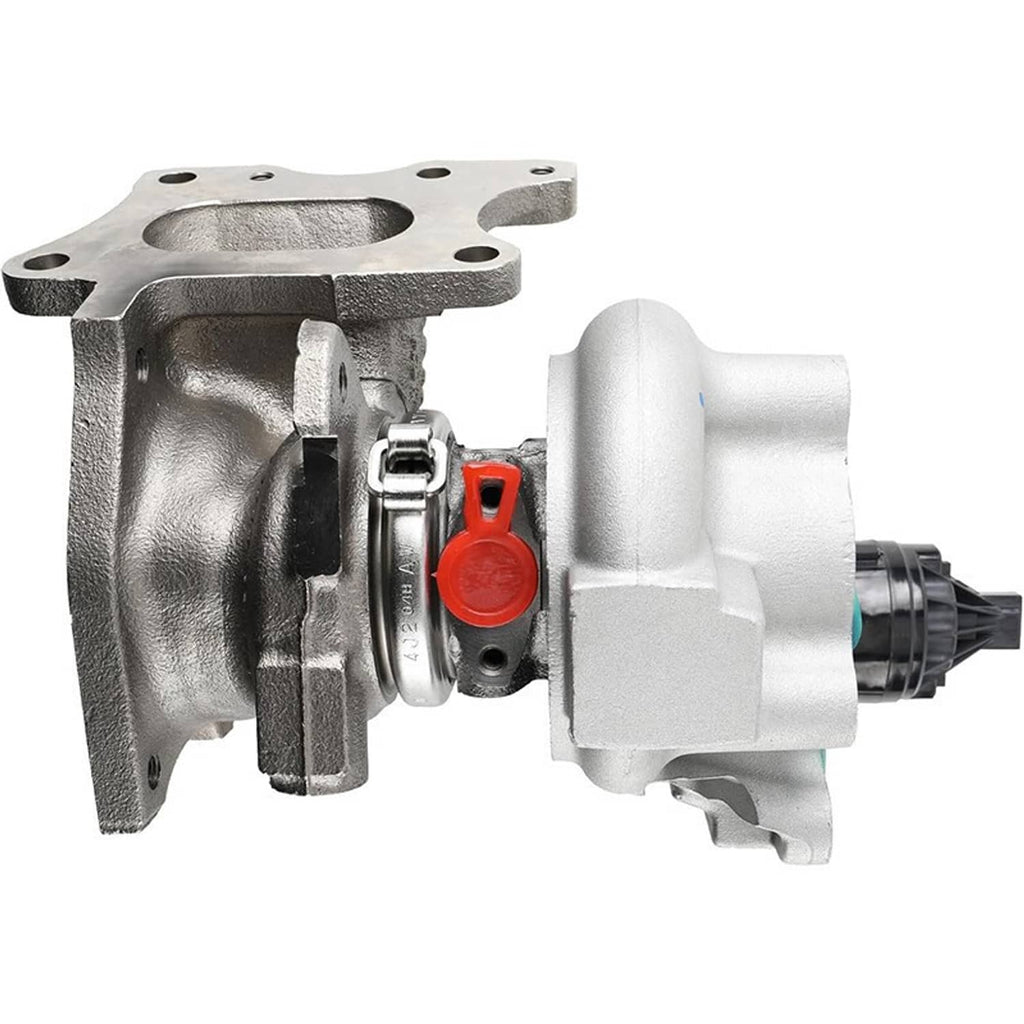 Turbocharger with silver compressor housing and red vacuum cap, side view