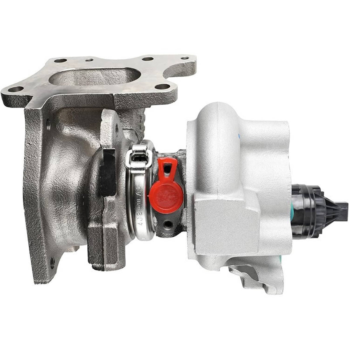 Turbocharger with silver compressor housing and red vacuum cap, side view