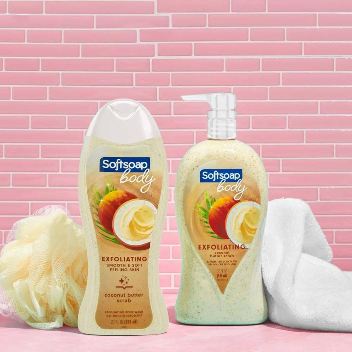 Softsoap body scrub bottles with pump, coconut butter scrub and white towel