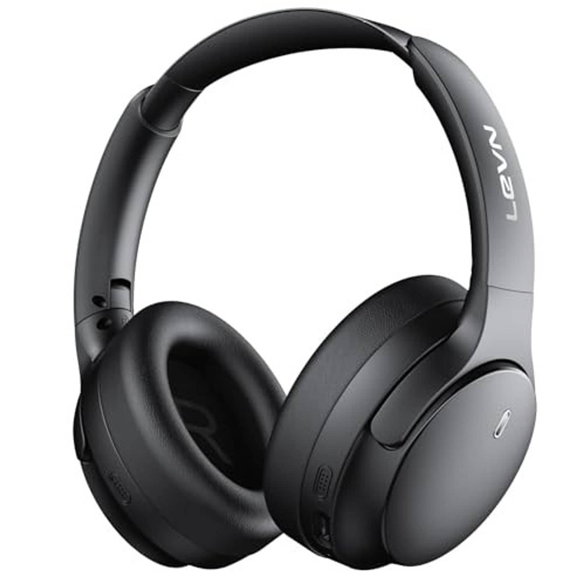 Black over-ear wireless active noise cancelling headphones with glossy ear cups and headband