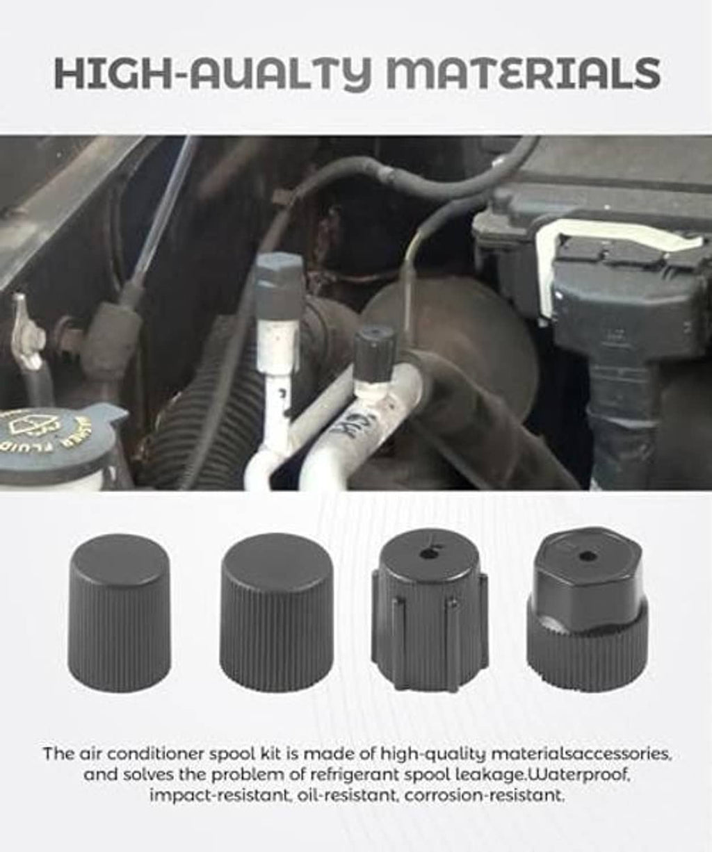 AC Schrader valve kit parts with black caps and metal valve cores