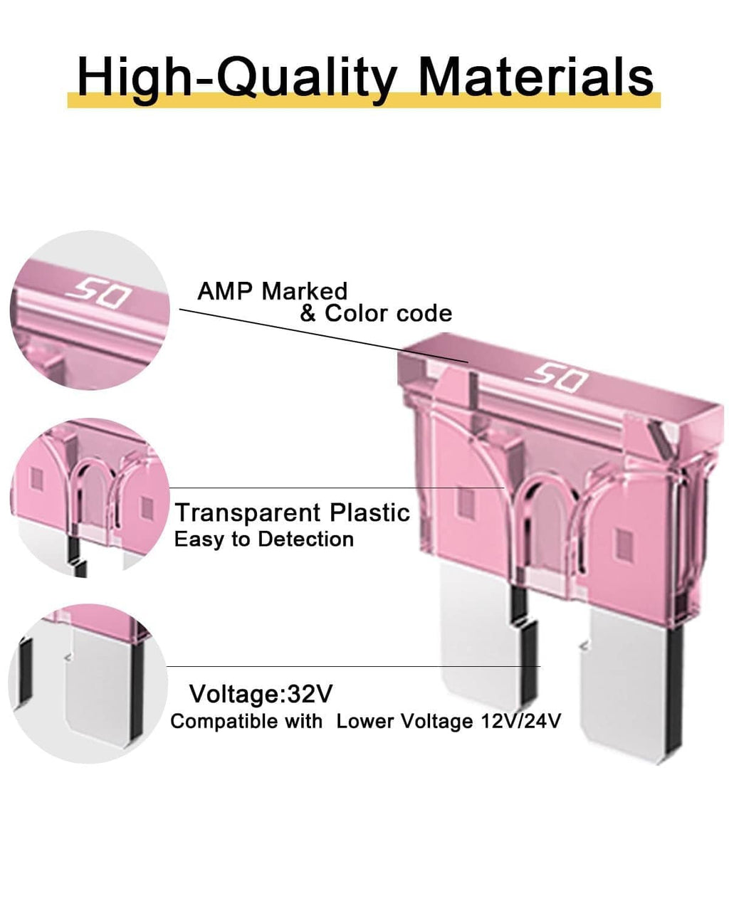 50A blade fuse with AMP marking, transparent plastic body, 12V/24V compatibility