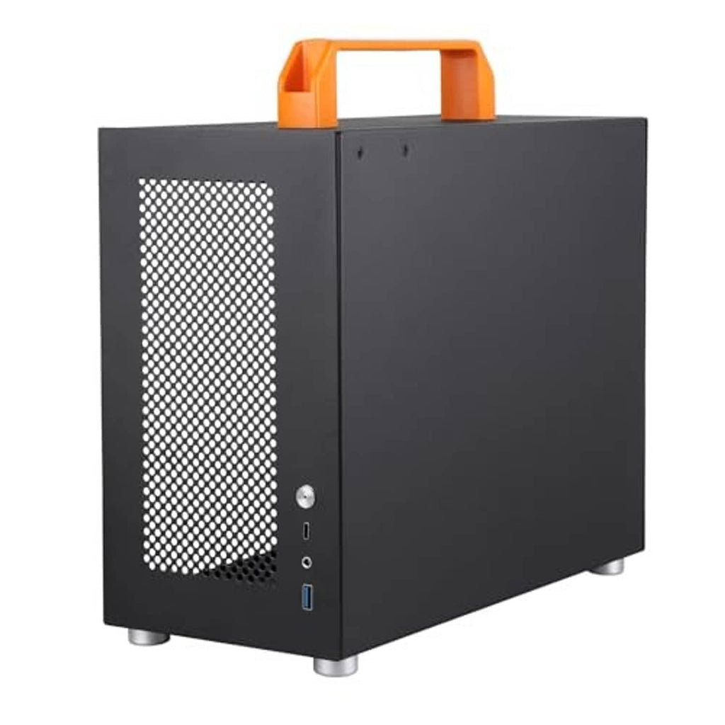 SFF mini-tower PC case rear view with orange handle, vented grille, and ports