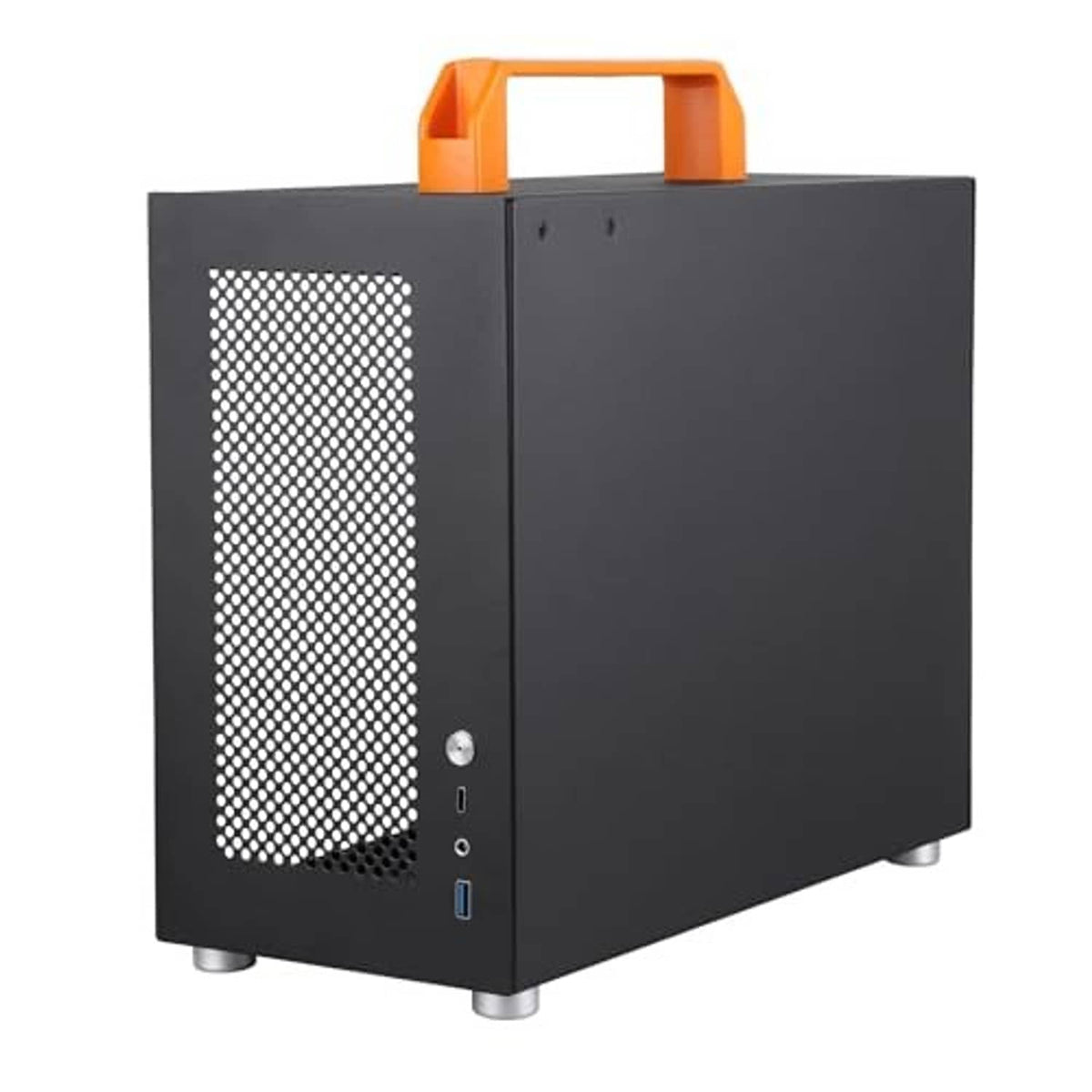 SFF mini-tower PC case rear view with orange handle, vented grille, and ports