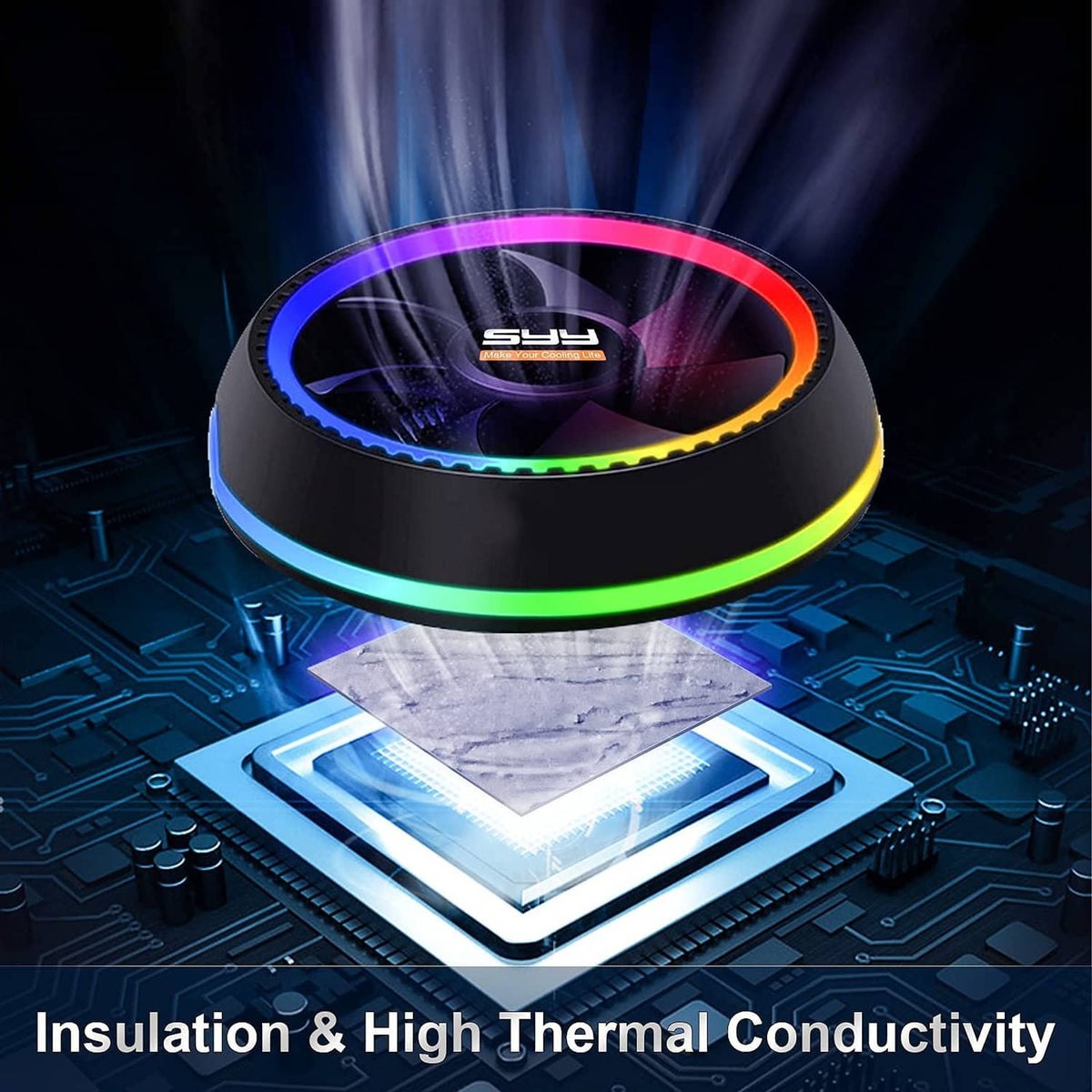 Thermal paste near a computer CPU with colorful performance ring visualization