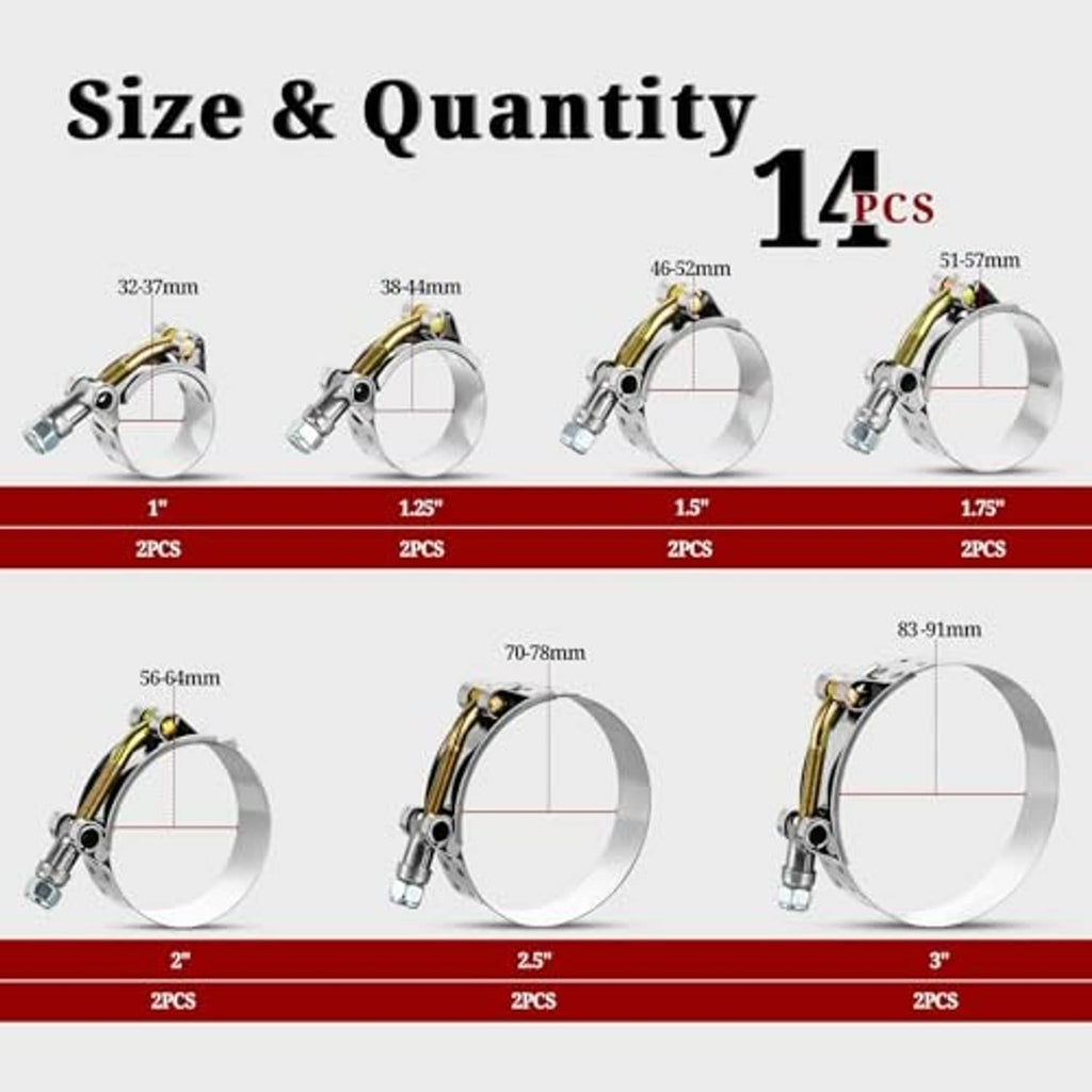 T-bolt hose clamp size chart showing 1 in to 3 in clamp sizes for 14pcs