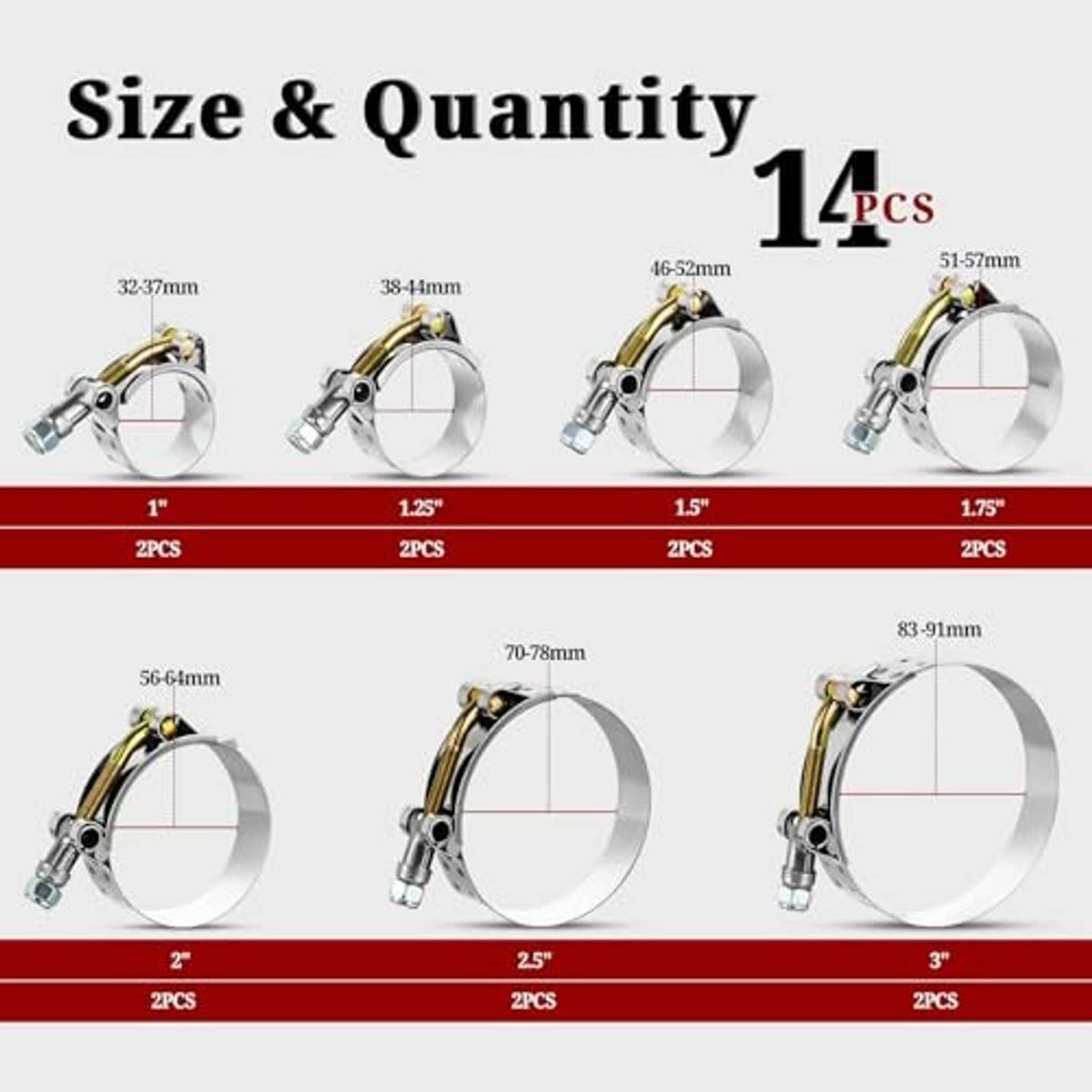 T-bolt hose clamp size chart showing 1 in to 3 in clamp sizes for 14pcs