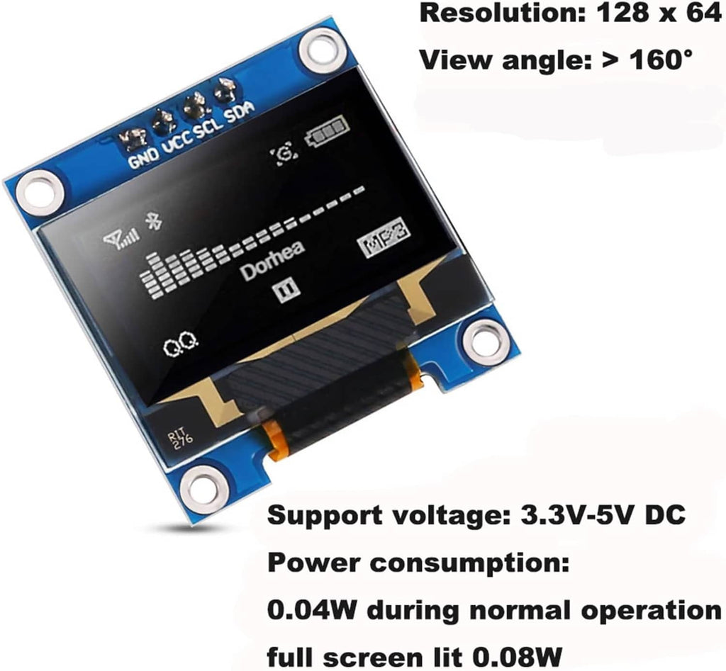 OLED SSD1306 module on blue PCB, angled view of black 128x64 display screen.