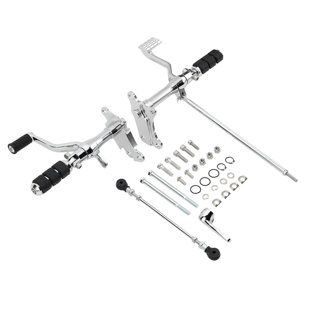 Motorcycle forward control kit with chrome levers, black rubber pegs, and link rods