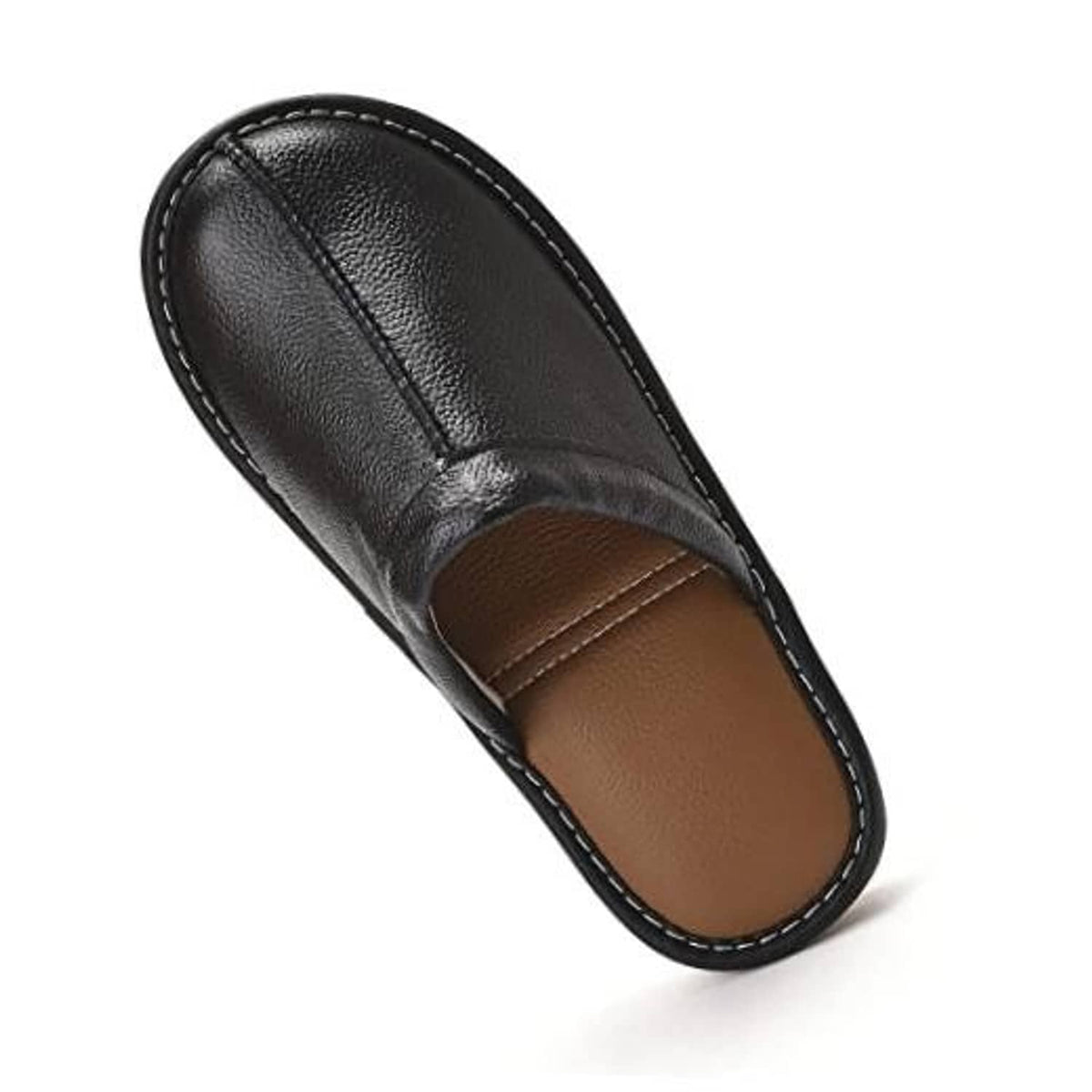 Black leather slip-on slippers with stitched moccasin-style upper and round toe