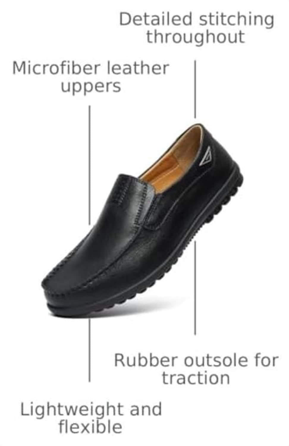 Black slip-on loafers with visible stitching, microfiber leather upper, and rubber outsole