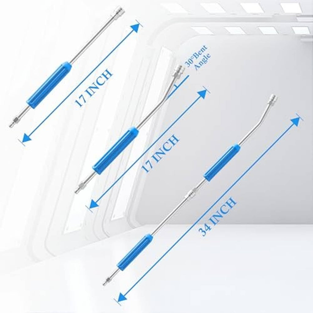 Stainless steel extension wands with blue grips, shown with length measurements
