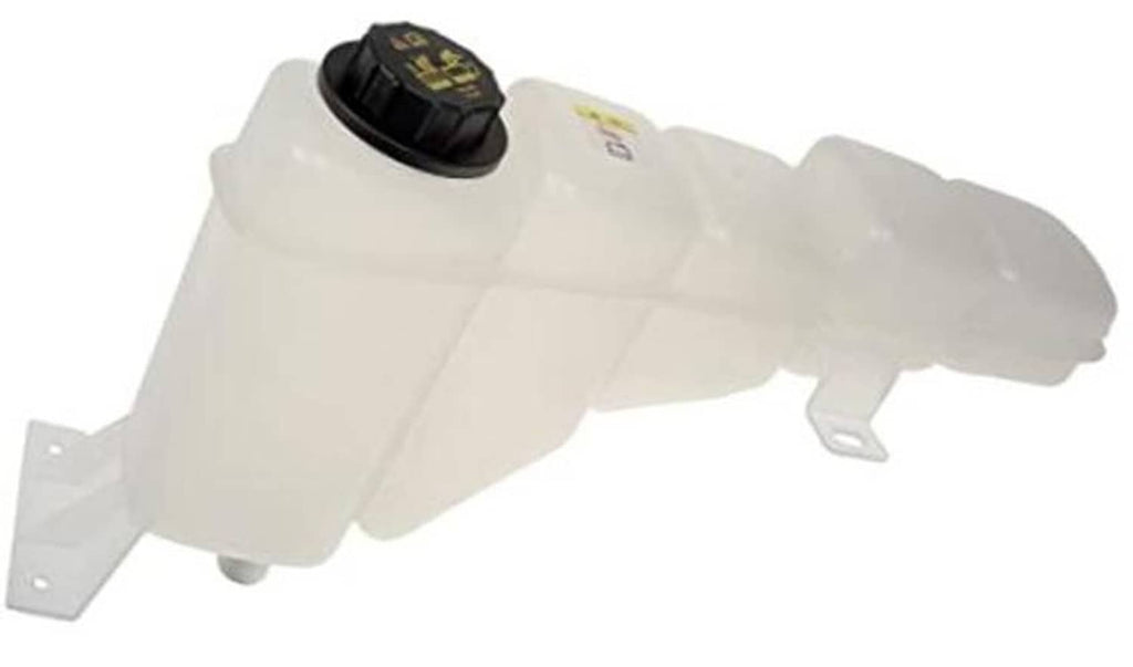 White front pressurized coolant reservoir with black cap and mounting bracket