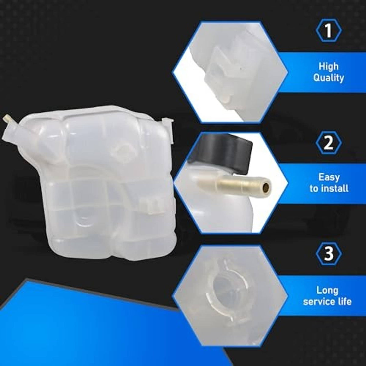 Engine coolant overflow reservoir tank with cap and side mounting tabs