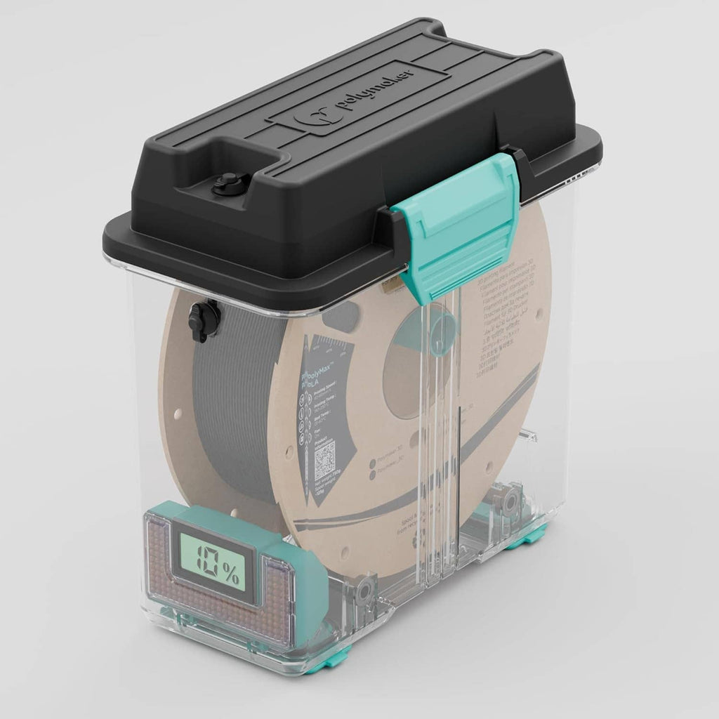 3D filament drying box with black lid and turquoise sealing unit over a spool