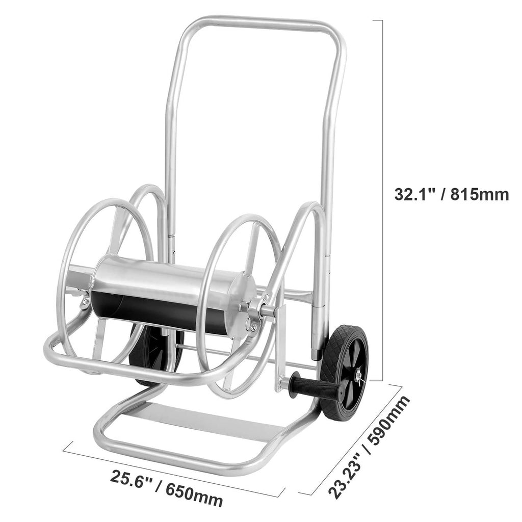 Silver steel hose reel cart with black hose drum and two wheels, front-side view